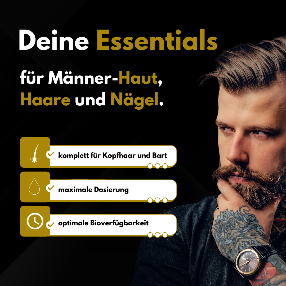 male essentials. Haut Haare & Bart | Biotin Zink Selen Silizium | Bartwuchs, Bartpflege für Männer