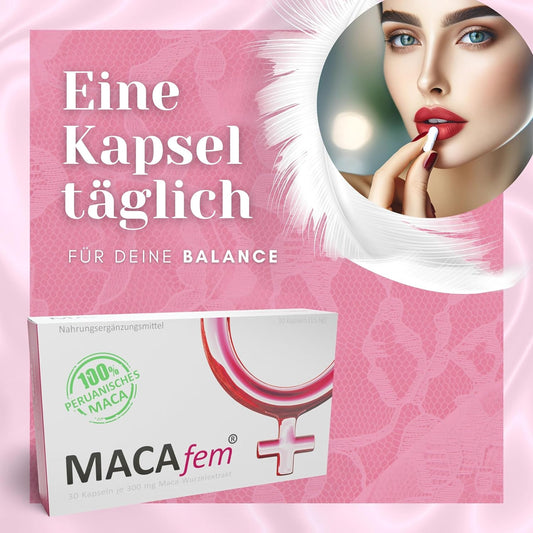 MACAfem® Maca Kapseln hochdosiert | Wechseljahre Kapseln für die Frau | k. chem. Libido Booster.