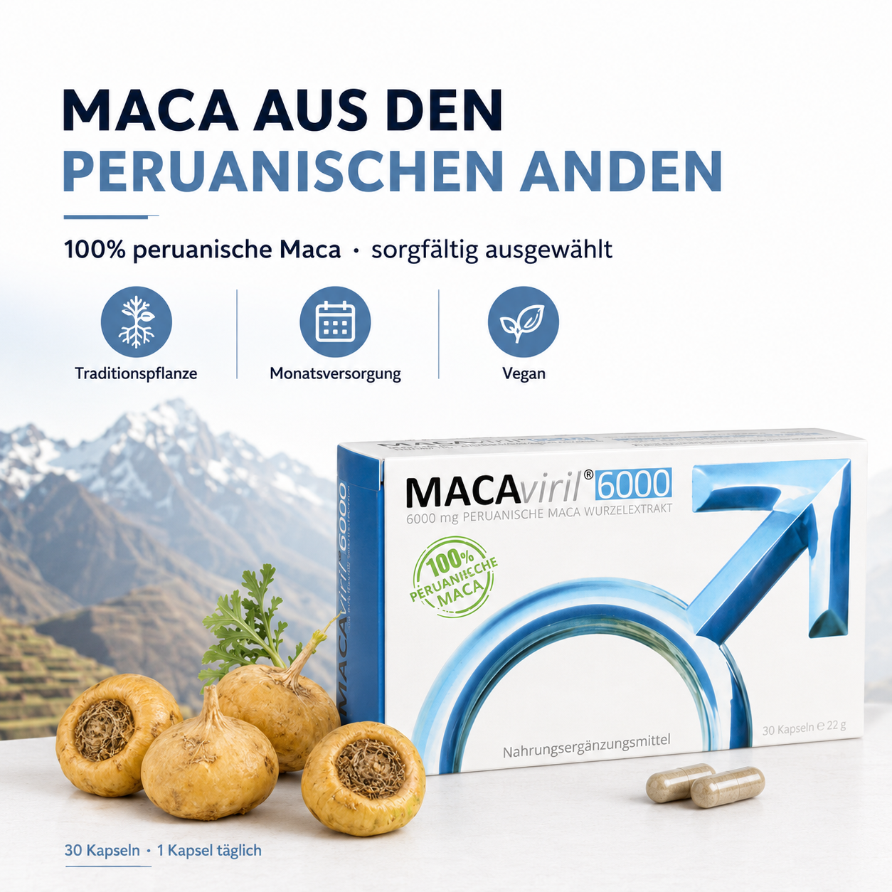 MACAviril 6000® Maca Kapseln hochdosiert für den Mann | k. chem Potenzmittel, Testosteron Booster