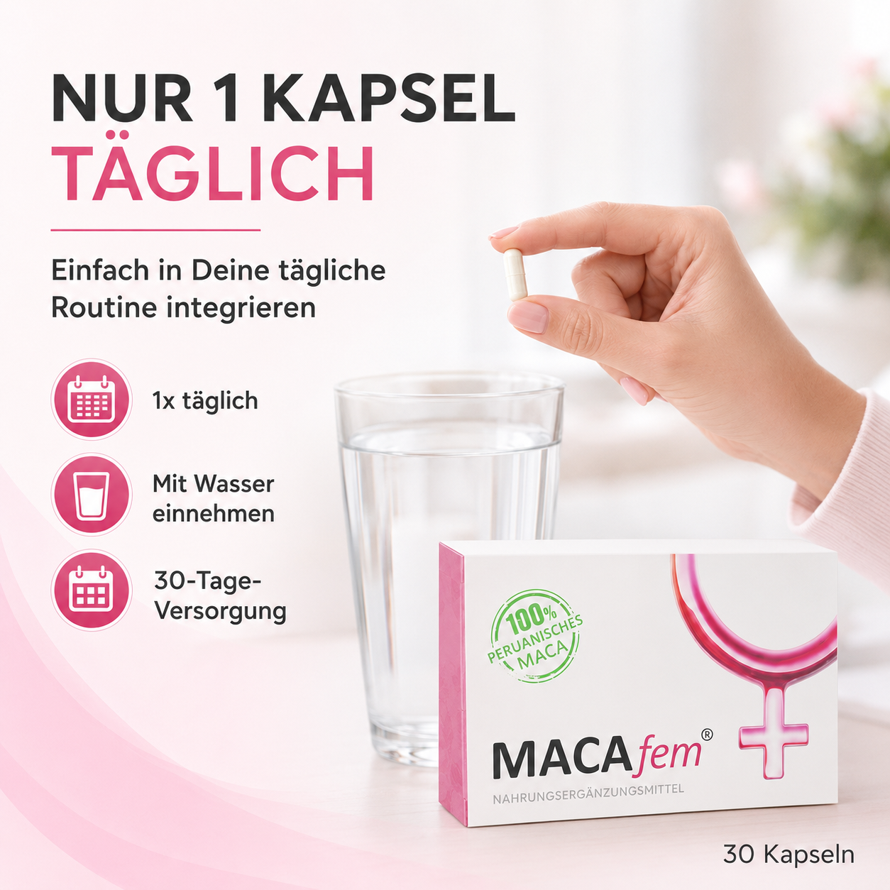 MACAfem® Maca Kapseln hochdosiert | Wechseljahre Kapseln für die Frau | k. chem. Libido Booster.