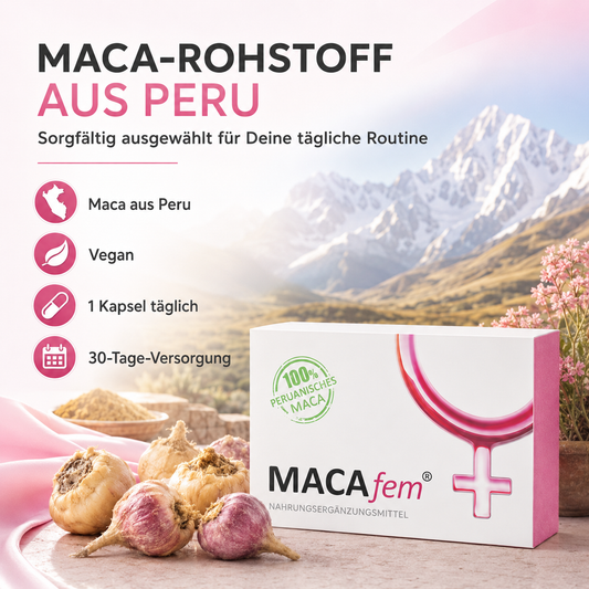 MACAfem® Maca Kapseln hochdosiert | Wechseljahre Kapseln für die Frau | k. chem. Libido Booster.
