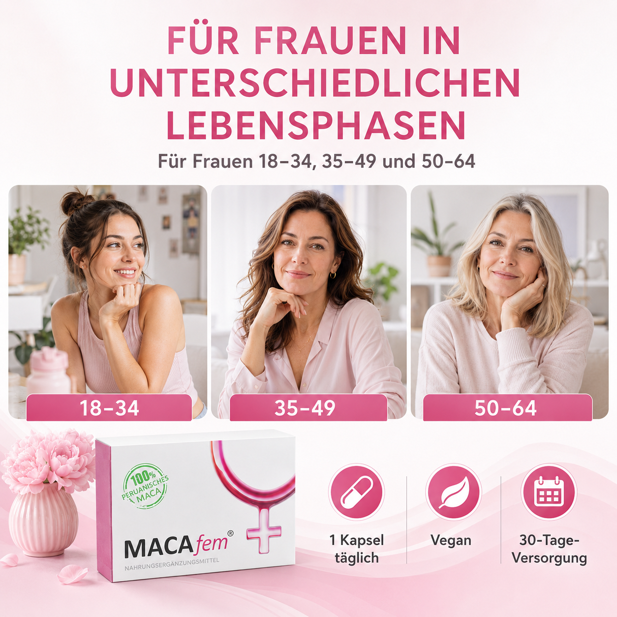 MACAfem® Maca Kapseln hochdosiert | Wechseljahre Kapseln für die Frau | k. chem. Libido Booster.