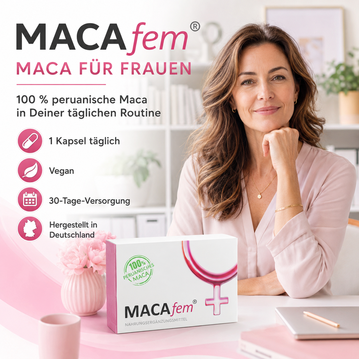MACAfem® Maca Kapseln hochdosiert | Wechseljahre Kapseln für die Frau | k. chem. Libido Booster.