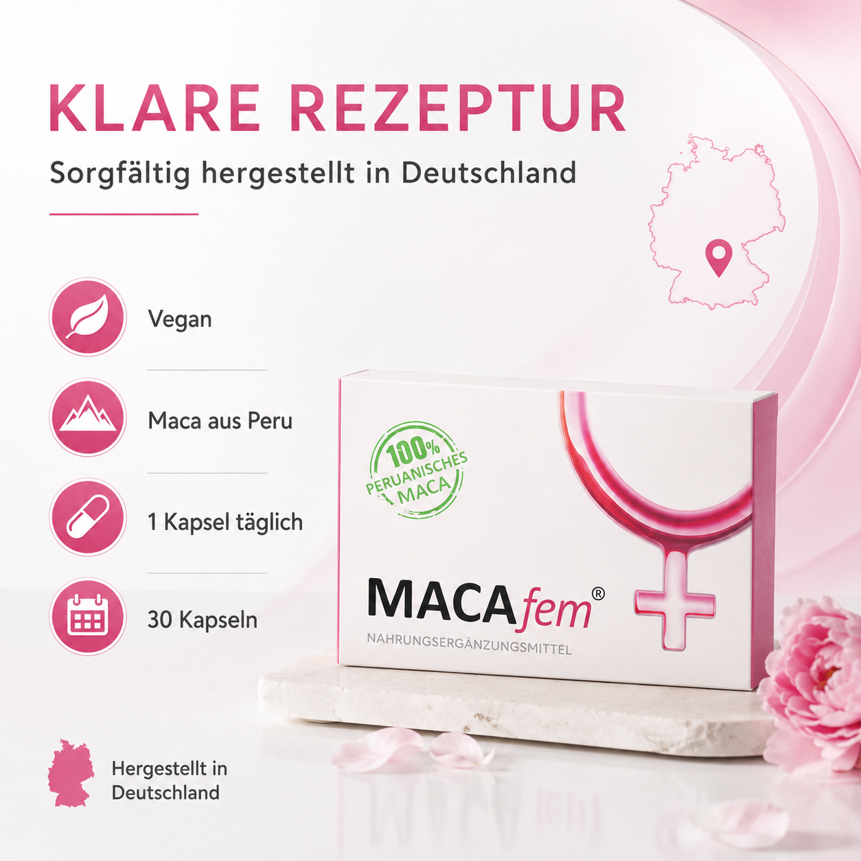 MACAfem® Maca Kapseln hochdosiert | Wechseljahre Kapseln für die Frau | k. chem. Libido Booster.