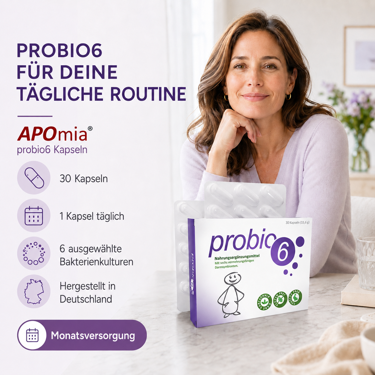 probio6 Kapseln | Mit 6 Premium Bakterienkulturen Darmbakterien | 30 Kapseln | Monatsversorgung