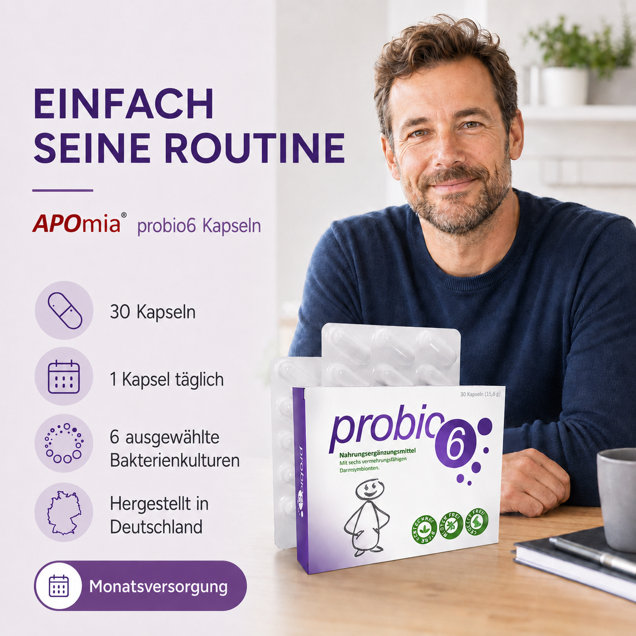 probio6 Kapseln | Mit 6 Premium Bakterienkulturen Darmbakterien | 30 Kapseln | Monatsversorgung