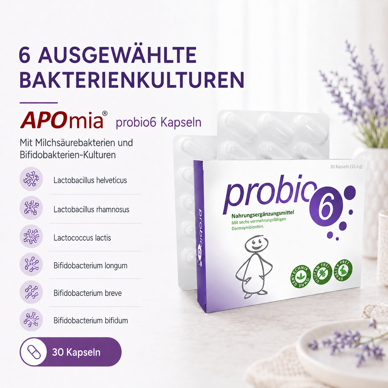 probio6 Kapseln | Mit 6 Premium Bakterienkulturen Darmbakterien | 30 Kapseln | Monatsversorgung