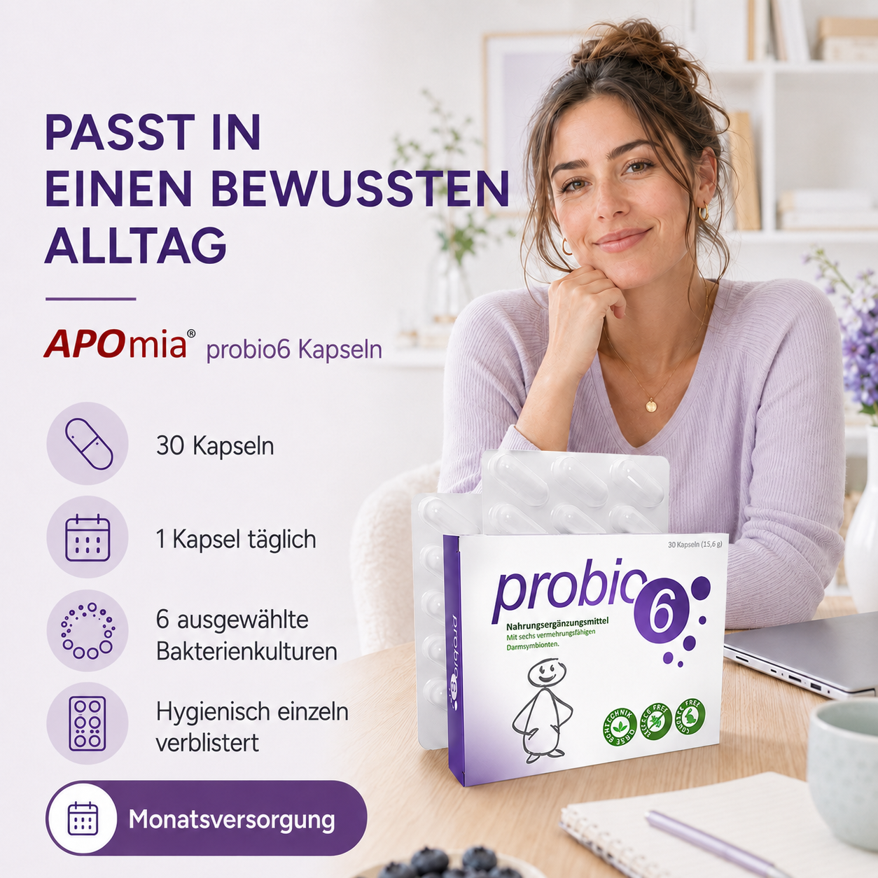 probio6 Kapseln | Mit 6 Premium Bakterienkulturen Darmbakterien | 30 Kapseln | Monatsversorgung