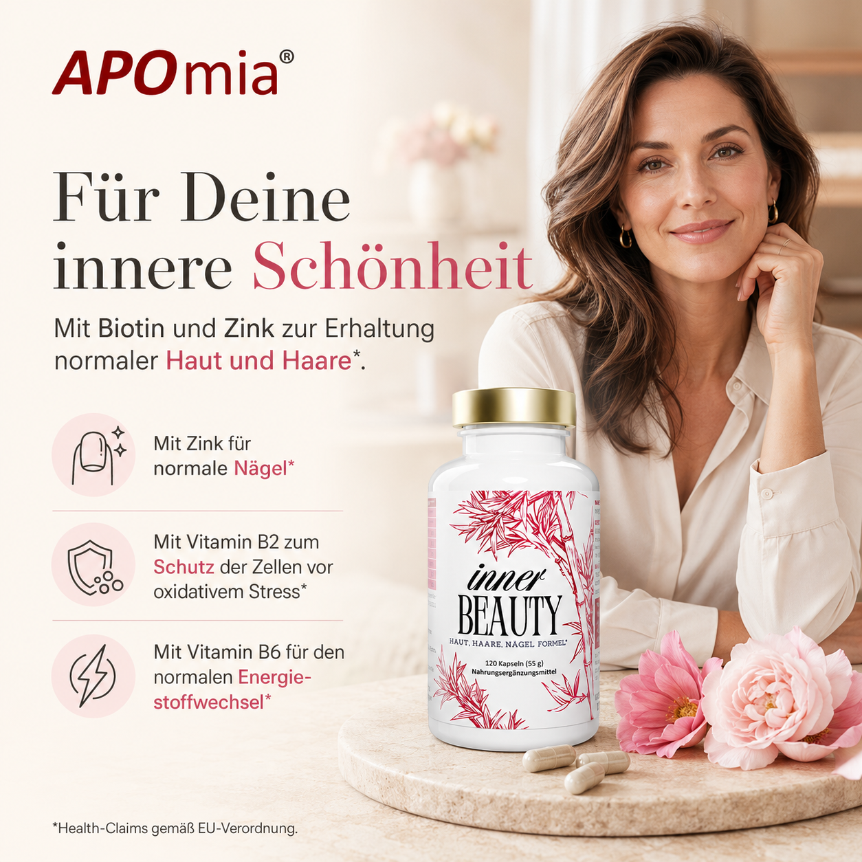 APOmia® innerBEAUTY | Haut-Haare-Nägel Formel | Bambus-Extrakt (Silizium) Zink, Biotin, Selen Frau