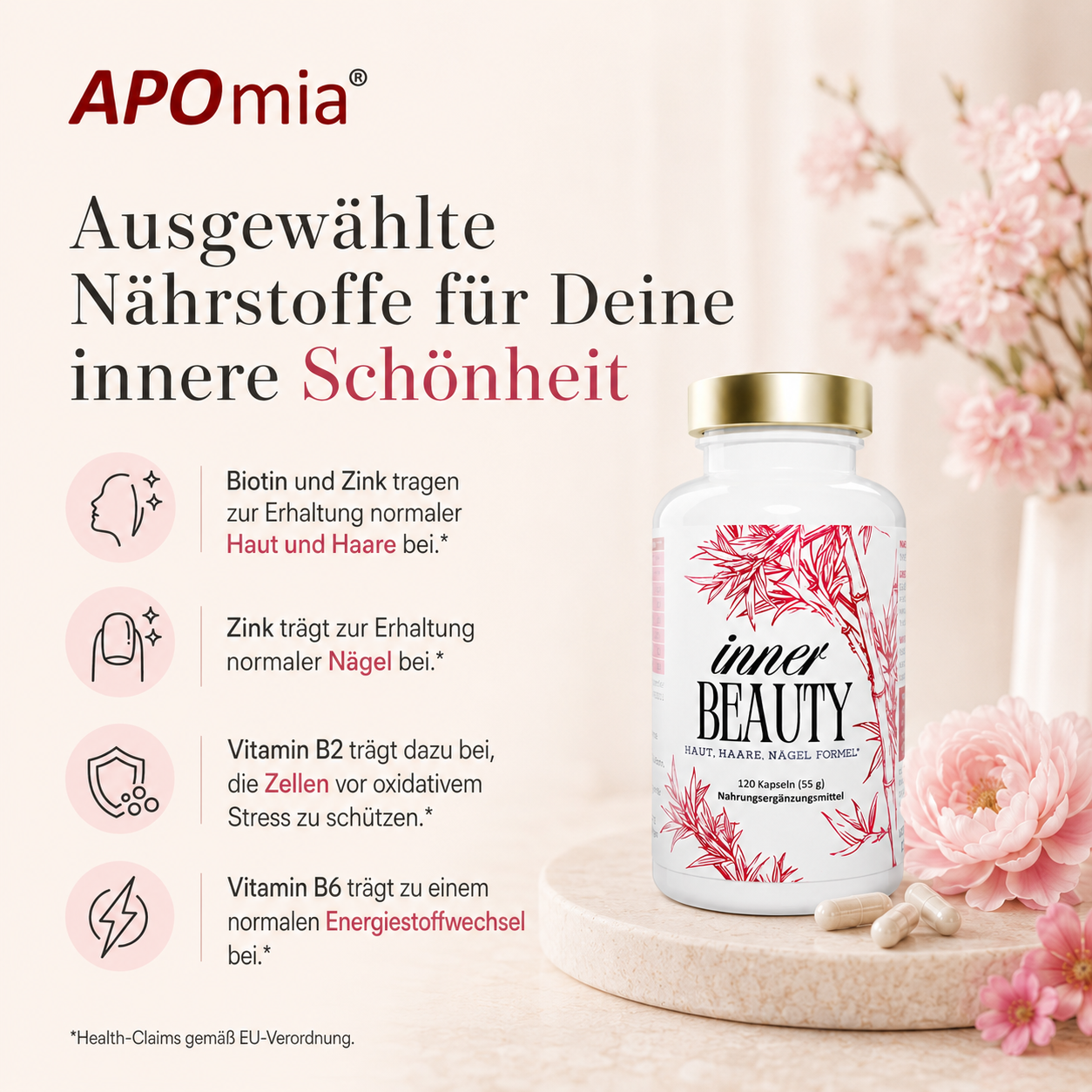 APOmia® innerBEAUTY | Haut-Haare-Nägel Formel | Bambus-Extrakt (Silizium) Zink, Biotin, Selen Frau
