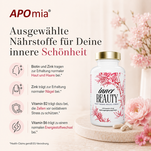 APOmia® innerBEAUTY | Haut-Haare-Nägel Formel | Bambus-Extrakt (Silizium) Zink, Biotin, Selen Frau