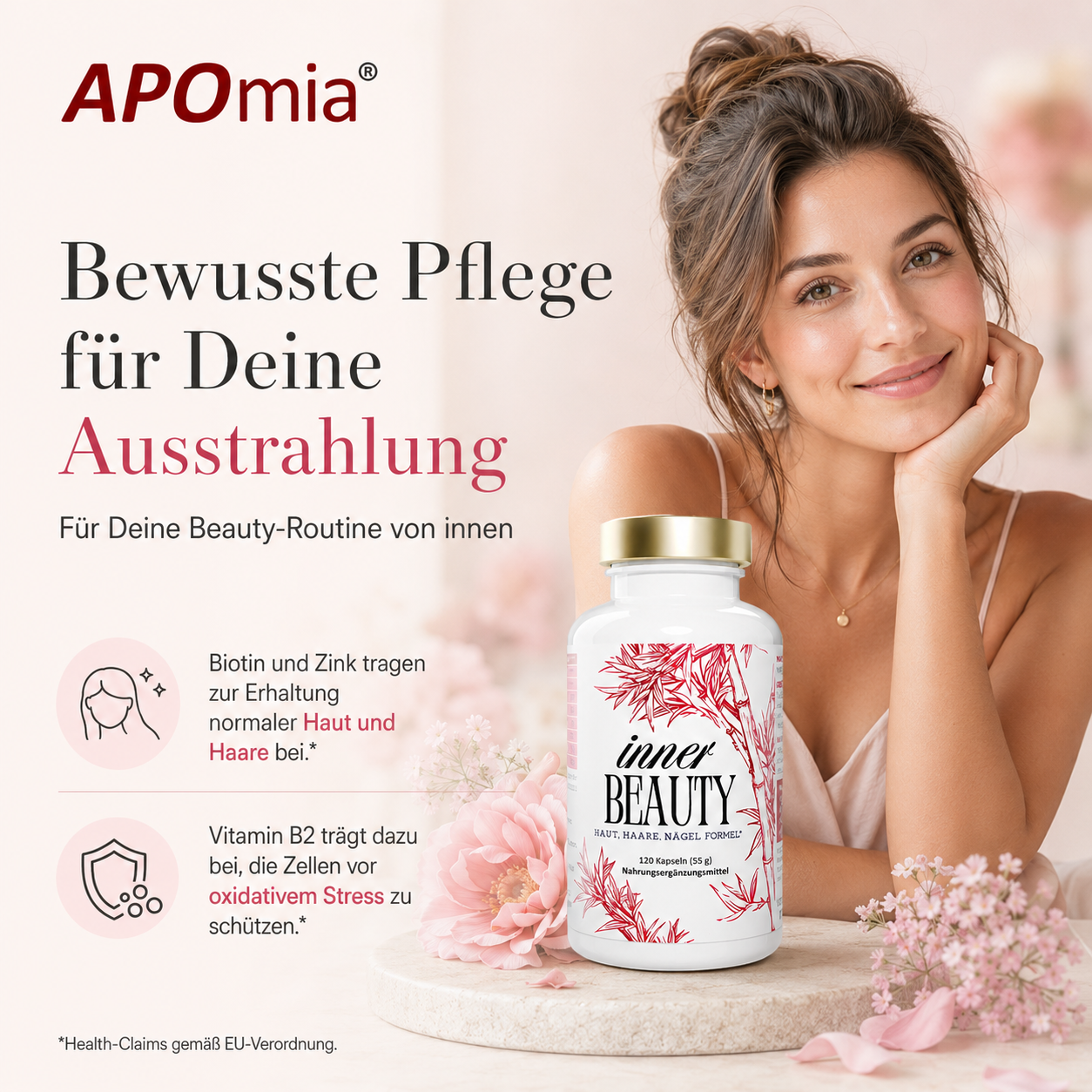 APOmia® innerBEAUTY | Haut-Haare-Nägel Formel | Bambus-Extrakt (Silizium) Zink, Biotin, Selen Frau