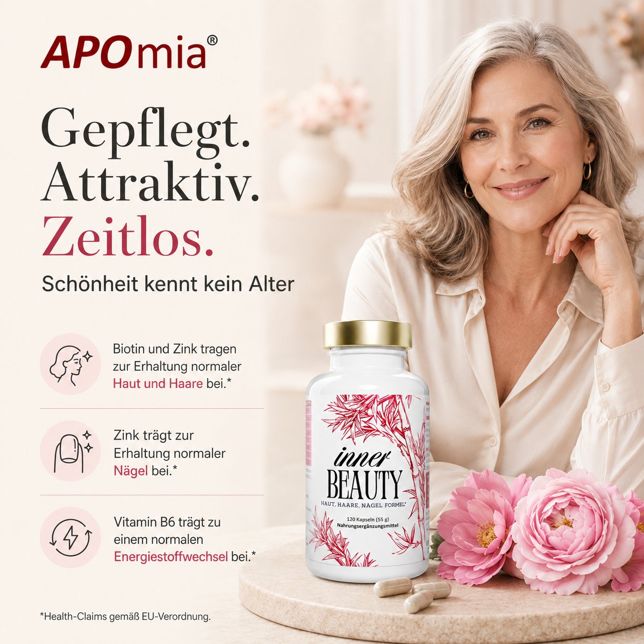 APOmia® innerBEAUTY | Haut-Haare-Nägel Formel | Bambus-Extrakt (Silizium) Zink, Biotin, Selen Frau